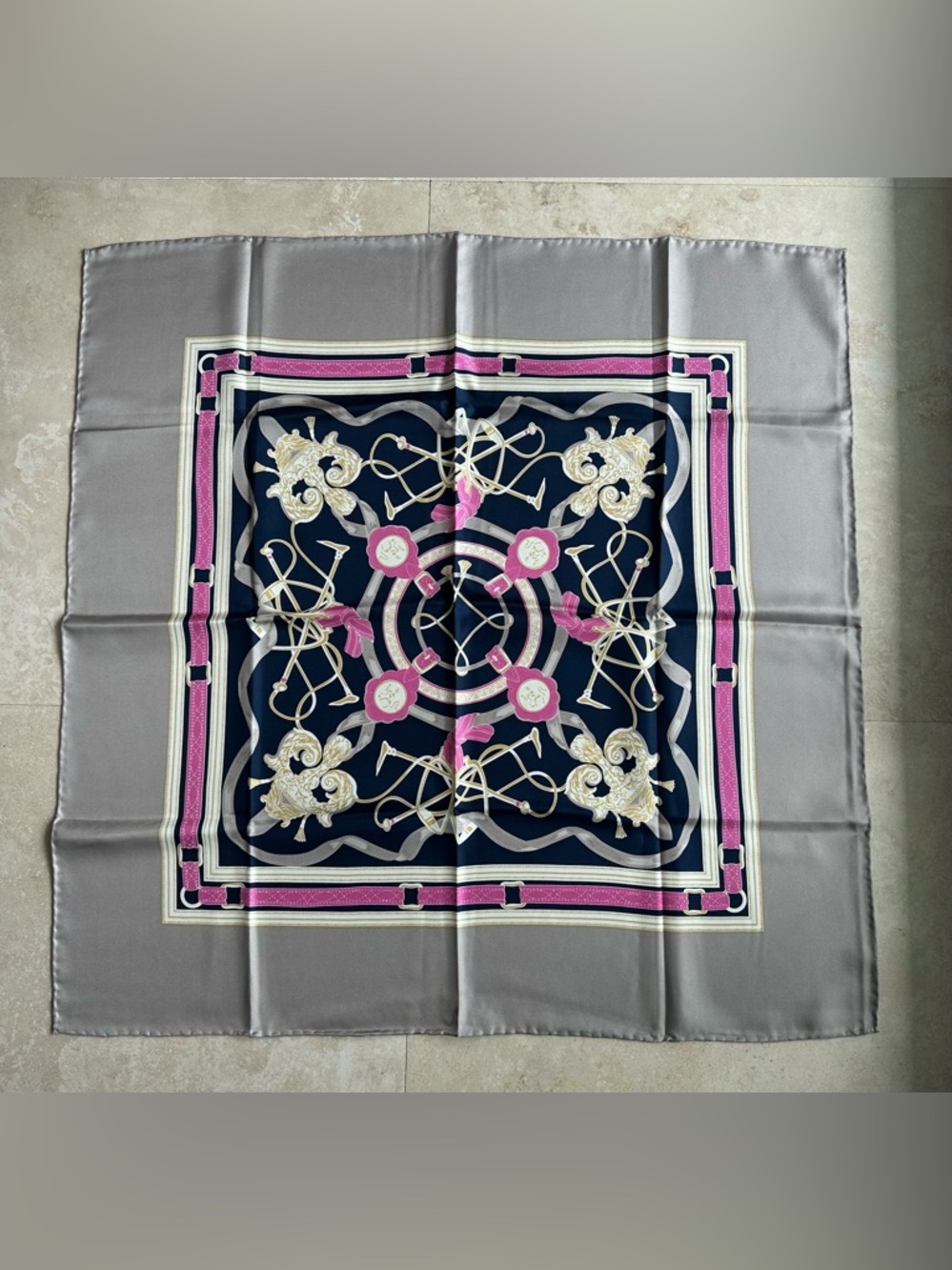 Vintage 1990’s 100% Silk Square Pink & Navy Decorative Scarf